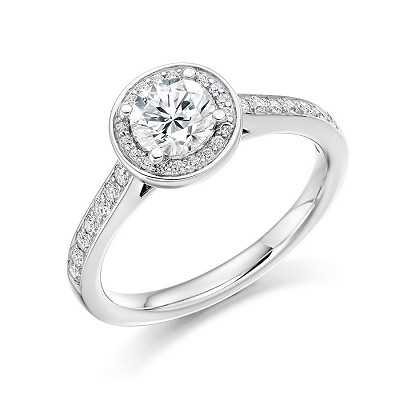 Round Brilliant Diamond Solitaire with Diamond Halo & Shoulders