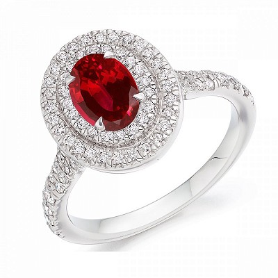 Oval Ruby with Double Diamond Halo & Shoulders