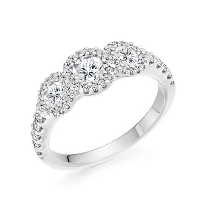 Round Brilliant Diamond Trilogy Ring with Diamond Halo